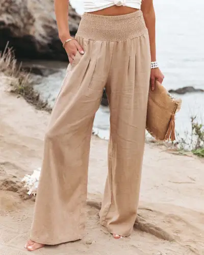 Women Cotton Linen Wide Leg Casual Pants with Pockets