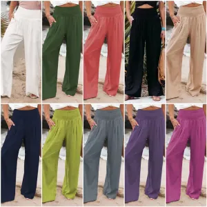 Women Cotton Linen Wide Leg Casual Pants with Pockets