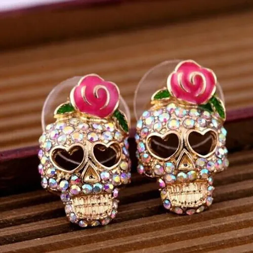Vintage Rhinestone Halloween Skull Stud Earrings for Women