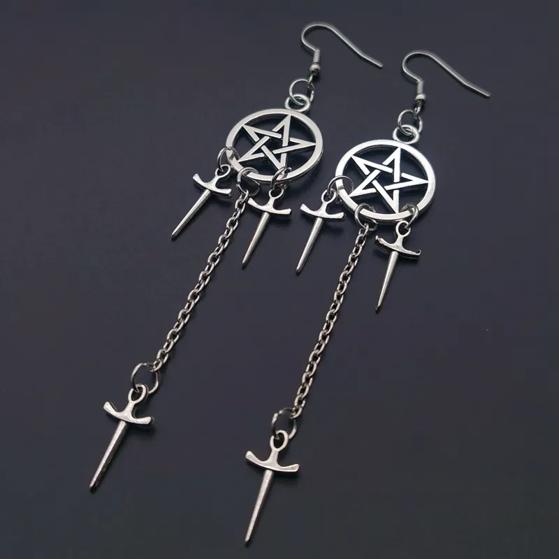 Women Fashion Personality Pentagram Sword Dagger Earrings Stainless Steel Round