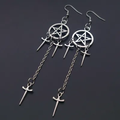 Women Fashion Personality Pentagram Sword Dagger Earrings Stainless Steel Round