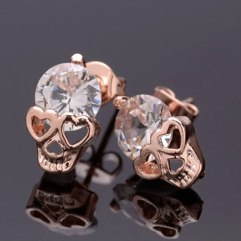 Women Rose Gold Tone Crystal Skull Stud Halloween Earrings
