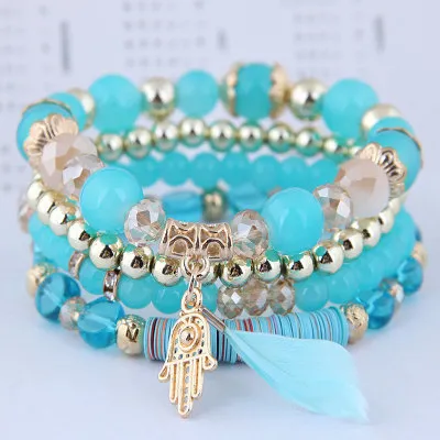 Women Fashion Multilayered Leaf Crystal Beaded Alloy Palm Feather Pendant Bracelet
