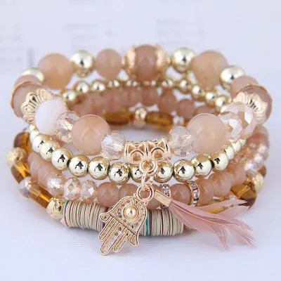 Women Fashion Multilayered Leaf Crystal Beaded Alloy Palm Feather Pendant Bracelet
