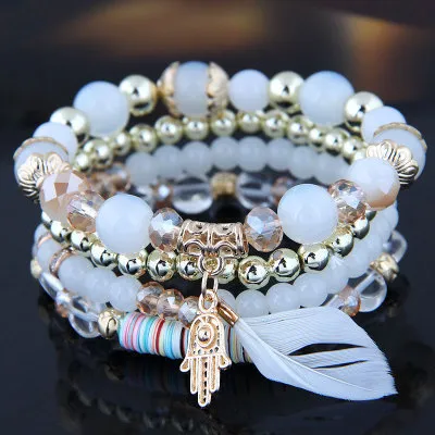 Women Fashion Multilayered Leaf Crystal Beaded Alloy Palm Feather Pendant Bracelet