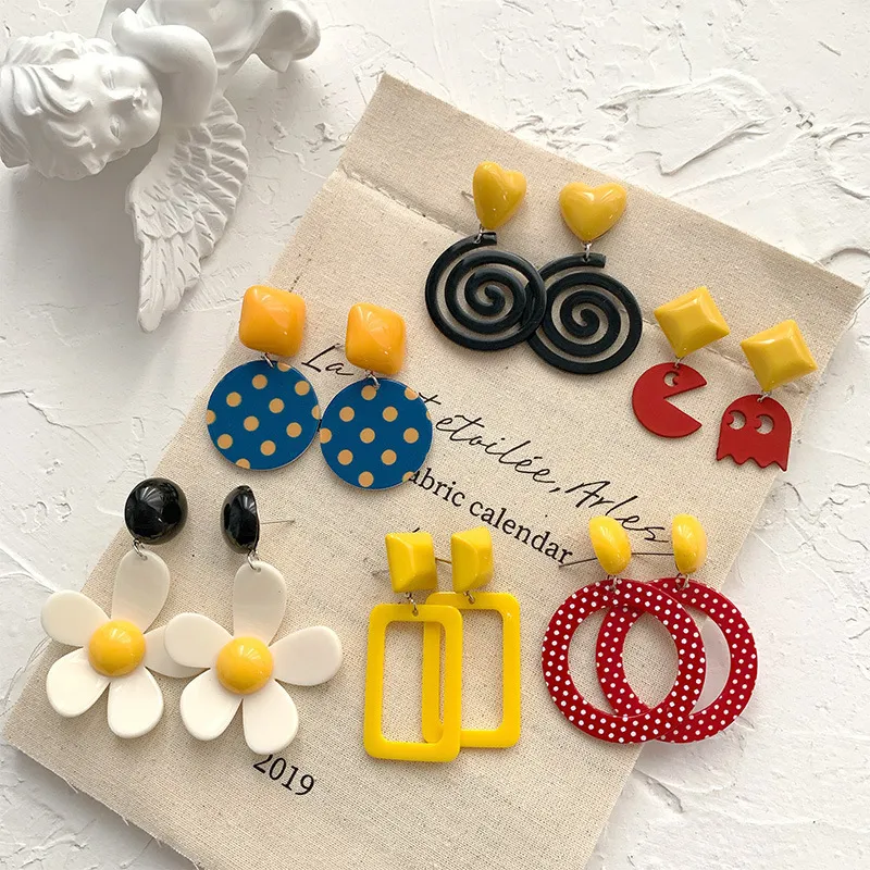 Women Retro Flower Geometric Design Color Blocking Acrylic Drop Earrings