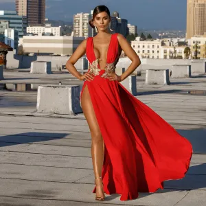 Women Long Evening Dress Sexy Deep V High Split Sling Elegant