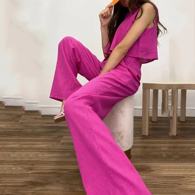 Women Cotton Linen Two Piece Set Solid Color Round Neck Tank Top And Flare Pants