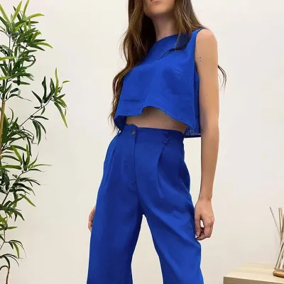 Women Cotton Linen Two Piece Set Solid Color Round Neck Tank Top And Flare Pants