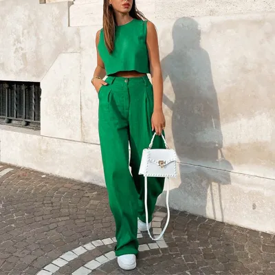 Women Cotton Linen Two Piece Set Solid Color Round Neck Tank Top And Flare Pants