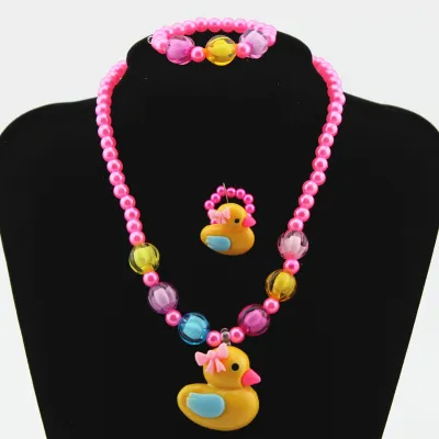 Kids Cartoon Little Yellow Duck Butterfly Necklace Bracelet 3 Pieces Jewelry Set