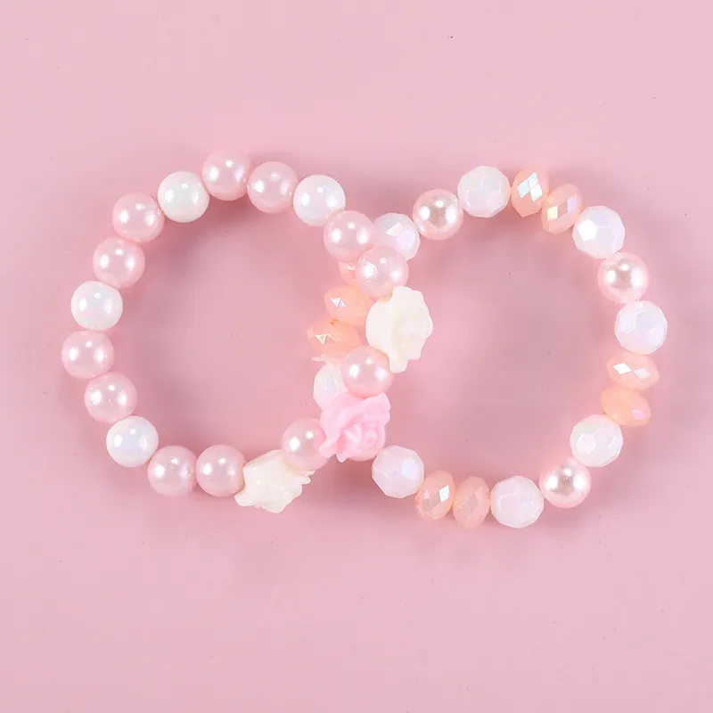 Kids Simple Acrylic Beads Plastic Beaded Pink Flower Bracelet Jewelry