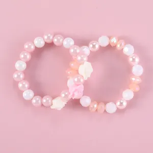 Kids Simple Acrylic Beads Plastic Beaded Pink Flower Bracelet Jewelry