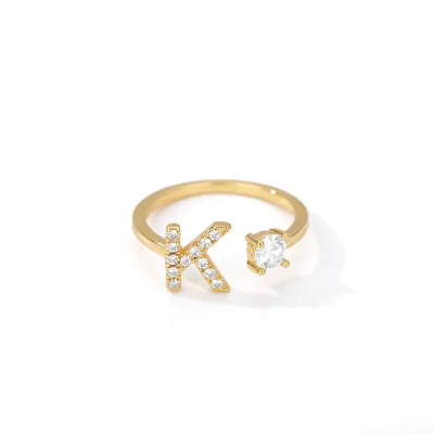 Women Fashion Simple Alphabet Letter Gold Adjustable Open Ring