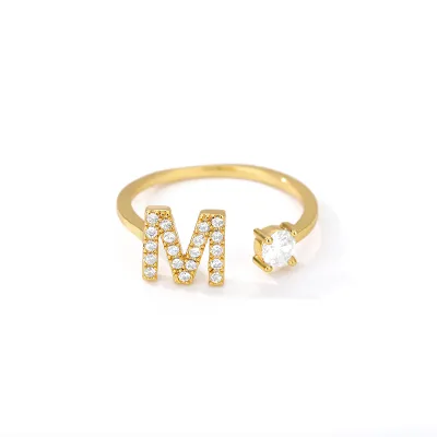 Women Fashion Simple Alphabet Letter Gold Adjustable Open Ring