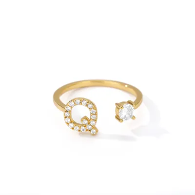 Women Fashion Simple Alphabet Letter Gold Adjustable Open Ring