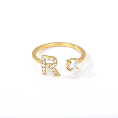 Women Fashion Simple Alphabet Letter Gold Adjustable Open Ring