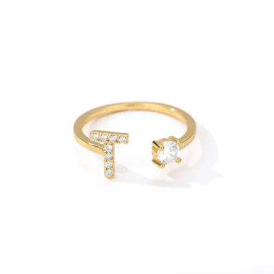 Women Fashion Simple Alphabet Letter Gold Adjustable Open Ring