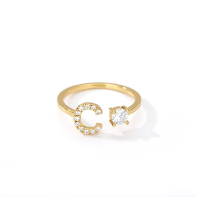 Women Fashion Simple Alphabet Letter Gold Adjustable Open Ring