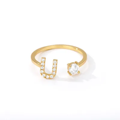 Women Fashion Simple Alphabet Letter Gold Adjustable Open Ring