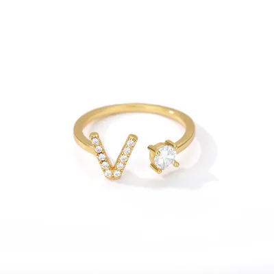 Women Fashion Simple Alphabet Letter Gold Adjustable Open Ring