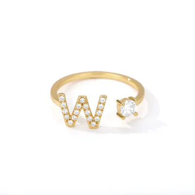 Women Fashion Simple Alphabet Letter Gold Adjustable Open Ring