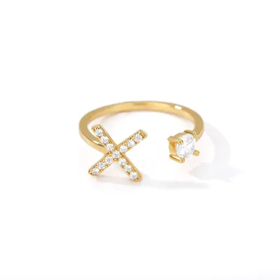 Women Fashion Simple Alphabet Letter Gold Adjustable Open Ring