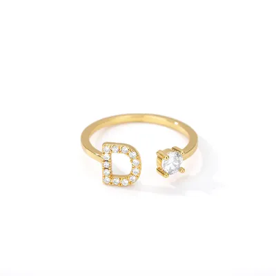 Women Fashion Simple Alphabet Letter Gold Adjustable Open Ring