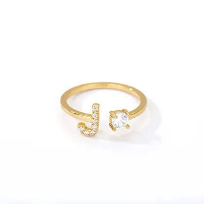 Women Fashion Simple Alphabet Letter Gold Adjustable Open Ring