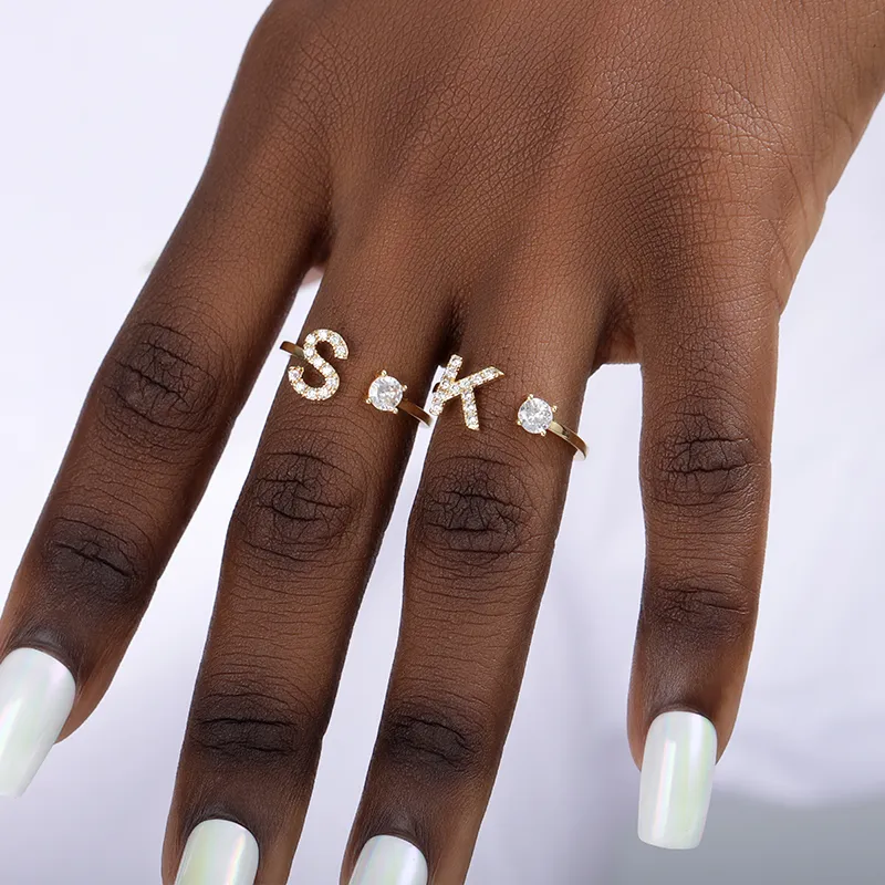 Women Fashion Simple Alphabet Letter Gold Adjustable Open Ring