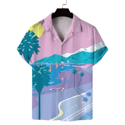 Men Casual Graphic Print Lapel Short Sleeve Shirt