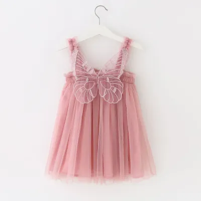 Kids Baby Girls Cute Butterfly Wing Design Solid Color Elastic Princess Dress with Sling