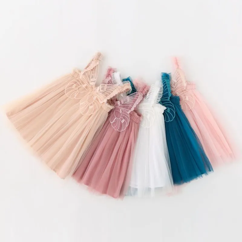 Kids Baby Girls Cute Butterfly Wing Design Solid Color Elastic Princess Dress with Sling