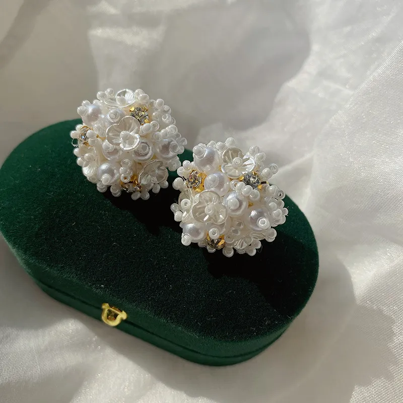 Women Elegant Solid Color Beaded Zircon Stud Earrings