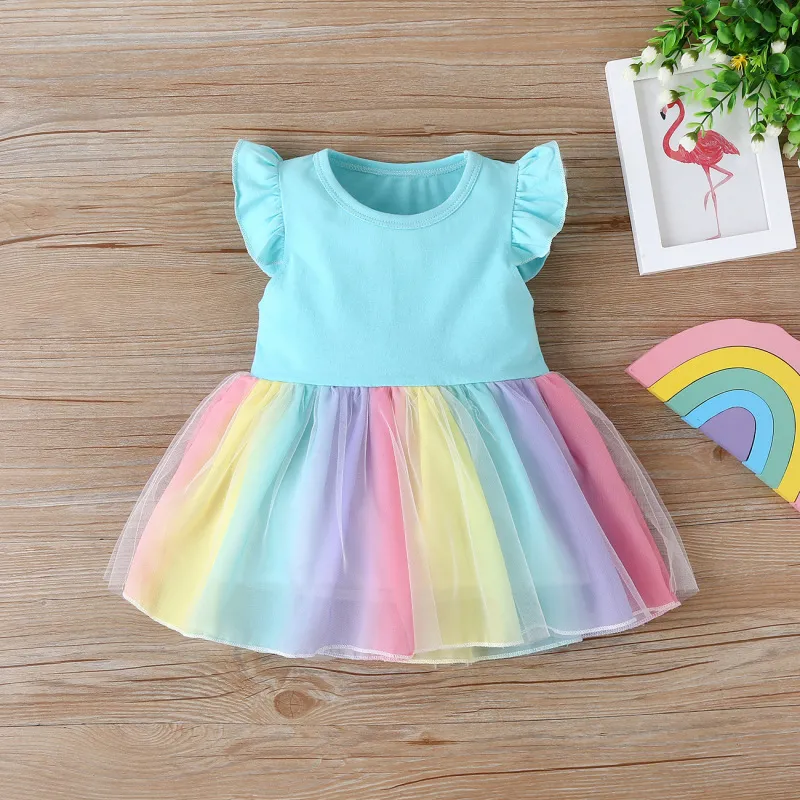 Kids Baby Girls Cute Color Mesh Design Round Neck Ruffled Princess Dress Cotton 95%
