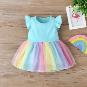 Kids Baby Girls Cute Color Mesh Design Round Neck Ruffled Princess Dress Cotton 95%