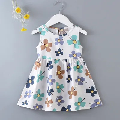 Kids Girls Cute All Over Floral Print Princess Round Neck Sleeveless Basic Dress