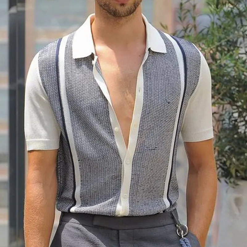 Men Casual Knitted Striped Contrast Color Short-Sleeved Fit Polo Shirt