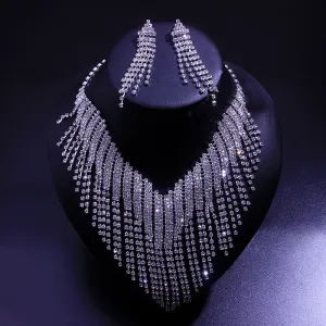 Women Fashionable Tassel Alloy Rhinestone Party Wedding Necklace Earrings Set