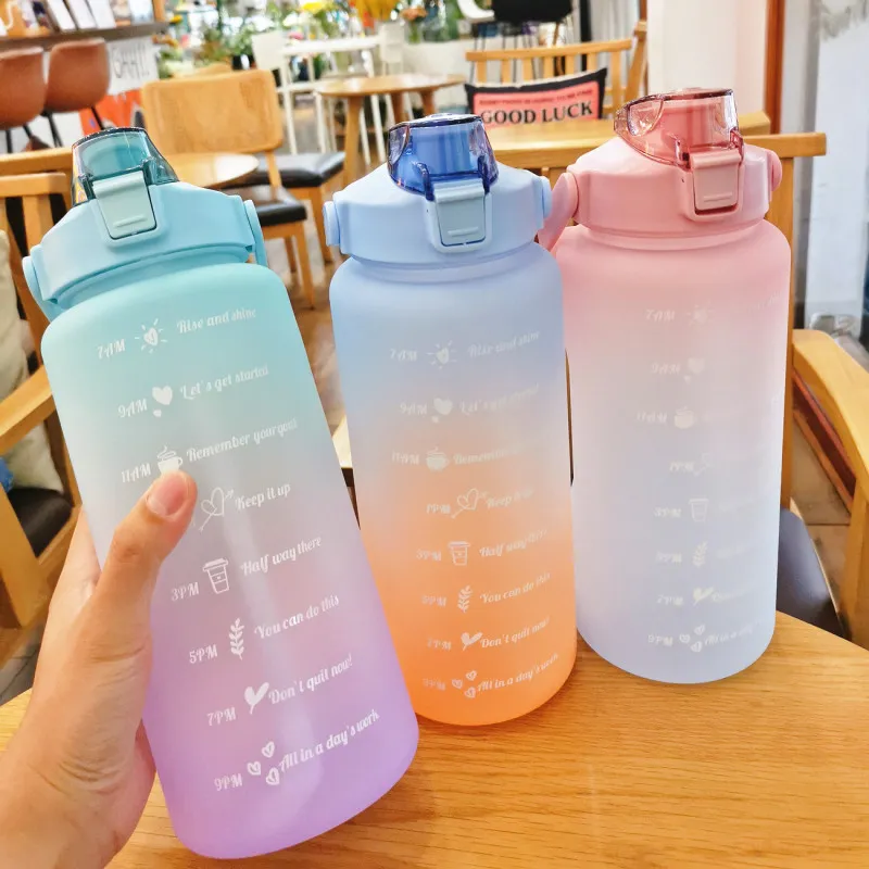 Outdoor Sports Time Mark Plastic Water Bottle with Straw, Large Capacity Frosted Water Bottle