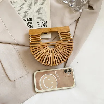 Women Fashion Bamboo Weaving Pearl Pop Straw Saddle Crossbody Handbag