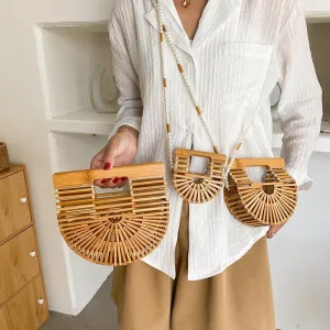 Women Fashion Bamboo Weaving Pearl Pop Straw Saddle Crossbody Handbag