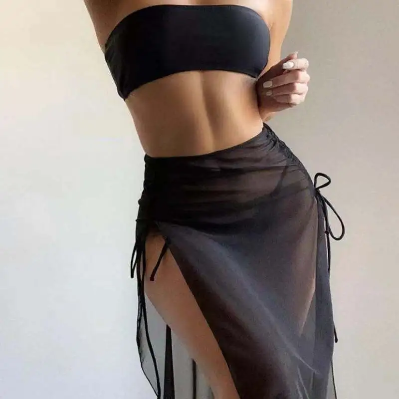Women's Black Split Bikini Sexy Three Piece Tankini Swimsuit
