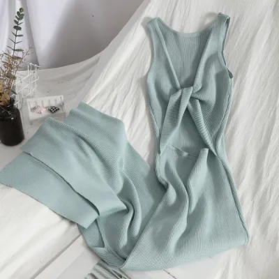Women Fashion Twist Hollow Sexy Slim Hip Knitted Dress