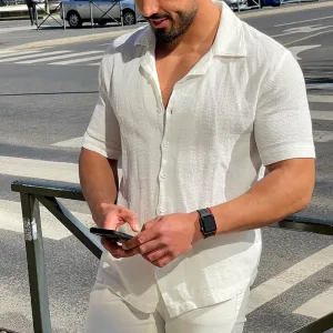 Men Casual Simple Solid Color Lapel Short Sleeve Fit Shirt