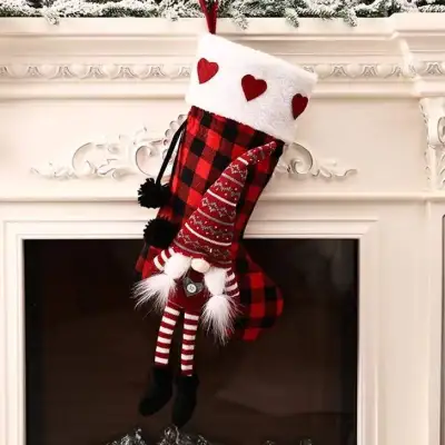 Red And Black Checkered Christmas Stockings Decoration Gift Bag Socks