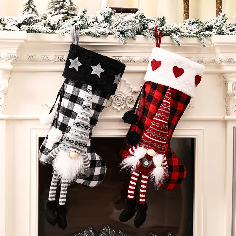 Red And Black Checkered Christmas Stockings Decoration Gift Bag Socks