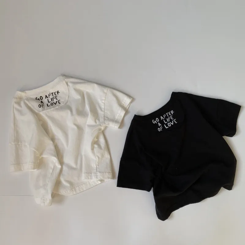 Kids Basic Round Neck Short Sleeve Letter Pattern Loose T-shirt