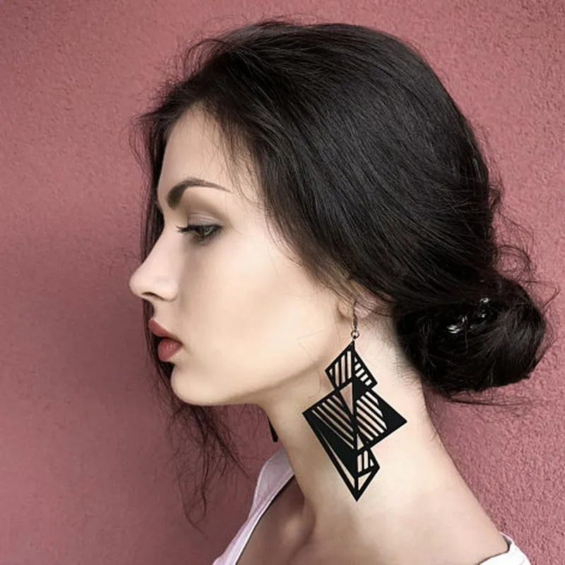 Women Retro Three-dimensional Hollow Long Black Acrylic Earrings