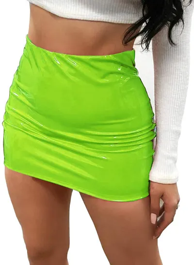 Women Bright PU Leather A-Line Skirt Miniskirt